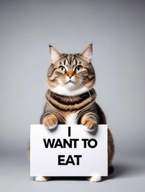 Foto kat houdt een bord in zijn poten met de tekst ik wil eten
