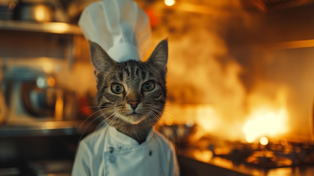 Kat in chef-uniform restaurant keuken Charming katten chef-kok voegt een speelse touch toe aan de culinaire scène het mengen van schattigheid met culinaire expertise