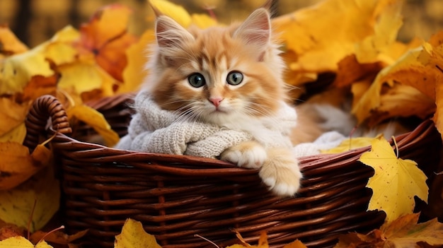 Kat in de mand Kat zit in een mand en herfstbladeren Een jonge gekleurde kat Herfstverlof