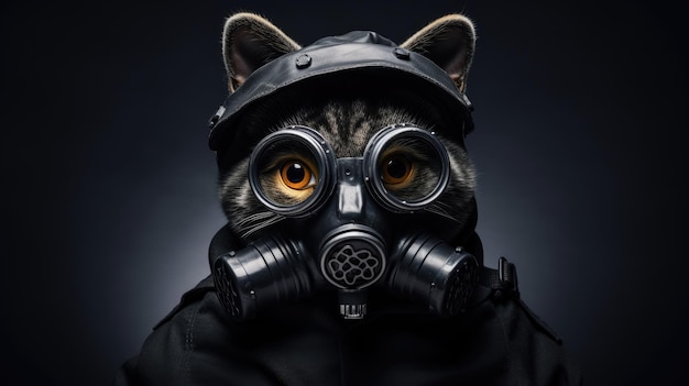 Kat in een beschermend gasmaskerpak op een donkere achtergrond