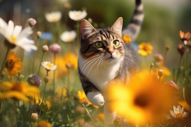 Kat in een bloemenveld