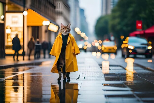 kat in een gele regenjas met een gele regenjas op straat