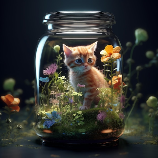 Kat in een glazen pot in de vorm van een geestfles terrarium Ai gegenereerde kunst