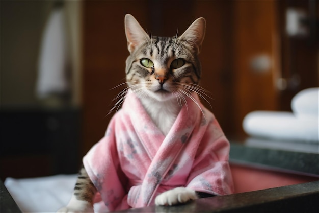 Kat in een roze slaapjas in een spa AI gegenereerde inhoud