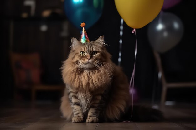 Kat in een verjaardagshoed Kaarsen en ballonnen in het appartement AI