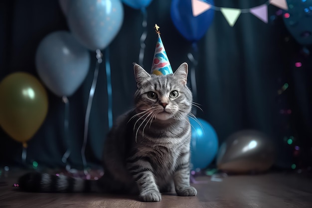 Kat in een verjaardagshoed Kaarsen en ballonnen in het appartement AI
