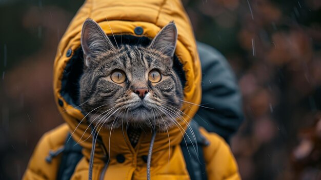 Kat in geel jasje loopt in de regen