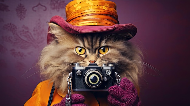 Foto kat in hoed met vintage camera