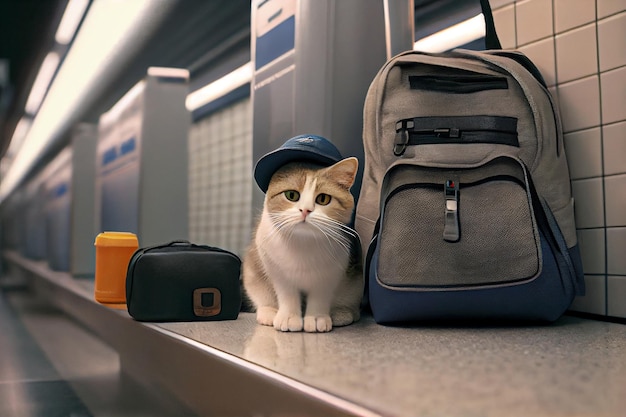 Kat in pet zit in de buurt van rugzak in platform klaar om te reizen Generatieve AI