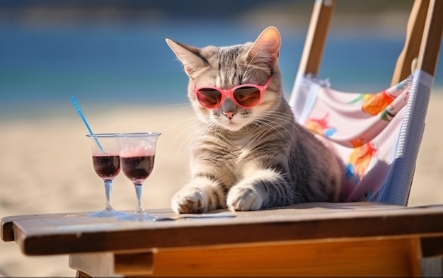 Foto kat in zonnebril met een cocktail liggend op het strand op een ligstoel generatieve ai