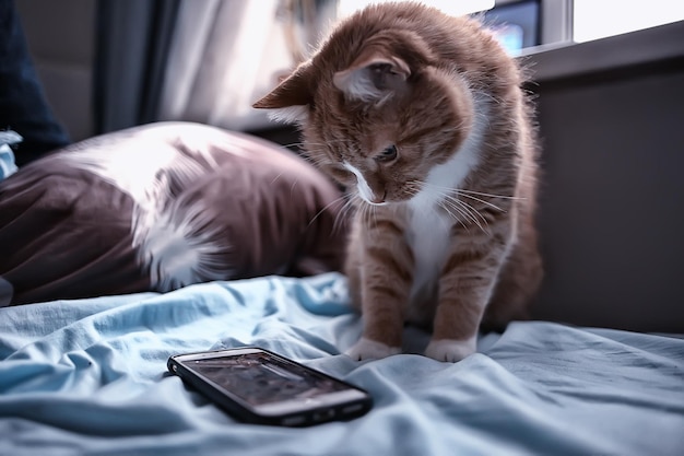 kat kijkt naar smartphone, schattige rode kat kijkt naar video op de telefoon