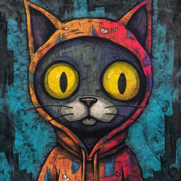 kat kitty schattig monster emo stripfiguur tshirt ontwerp afdrukbare kunstboek tattoo schets