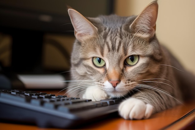 Kat ligt op het toetsenbord en kijkt naar de generatieve AI van de camera