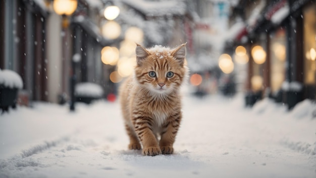 kat loopt in de winter door de besneeuwde straat