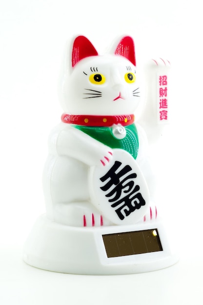 Foto kat manekineko met zonnepaneel op witte achtergrond