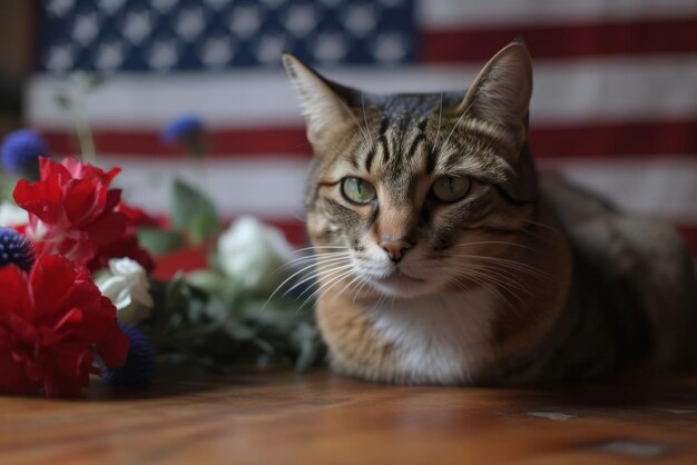 Kat met Amerikaanse vlag op Onafhankelijkheidsdag Generatieve AI