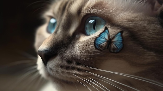 Kat met blauwe vlinder op een zwarte achtergrond generatieve ai