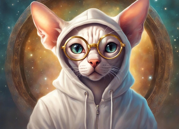 Kat met bril Kat met een witte hoodie Ronde bril Sphynx kat close-up Fantastische achtergrond