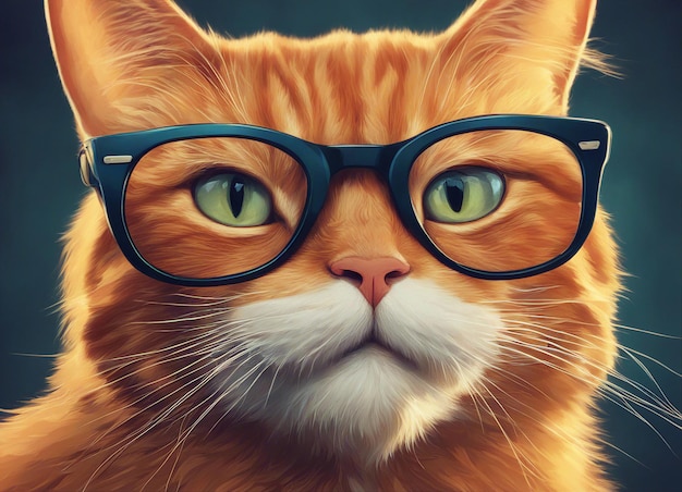Kat met bril Wetenschapscat Ronde bril Roodharige kat Closeup Selectieve focus AI gegenereerd