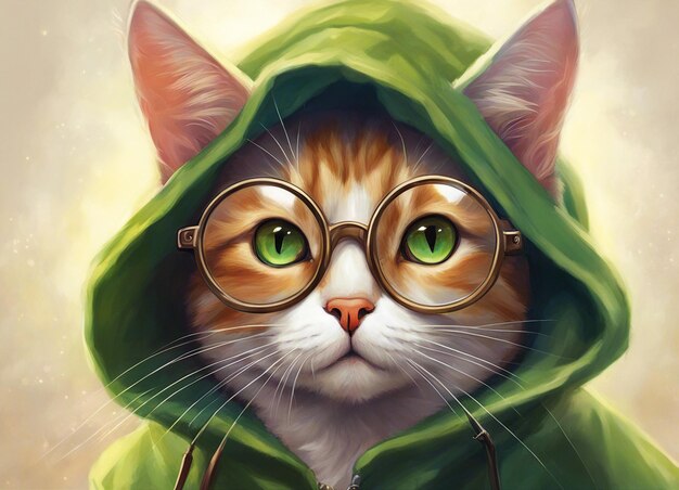 Kat met een bril Kat met een groene hoodie Ronde bril Ginger kat close-up Fantastische achtergrond