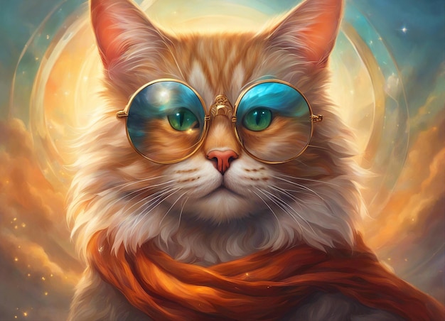 Kat met een bril Wetenschappelijke kat Ronde bril Ginger kat Fantastische achtergrond Closeup