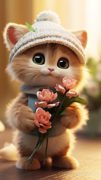 Foto kat met een hoed en bloemen