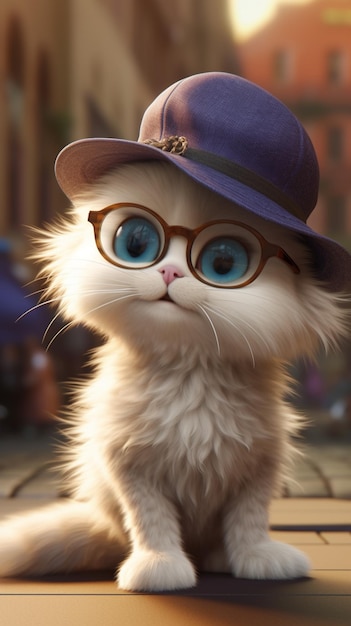 Kat met een paarse hoed en bril