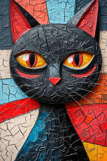 Kat met gele en oranje ogen is afgebeeld in een artistieke abstracte schilderij