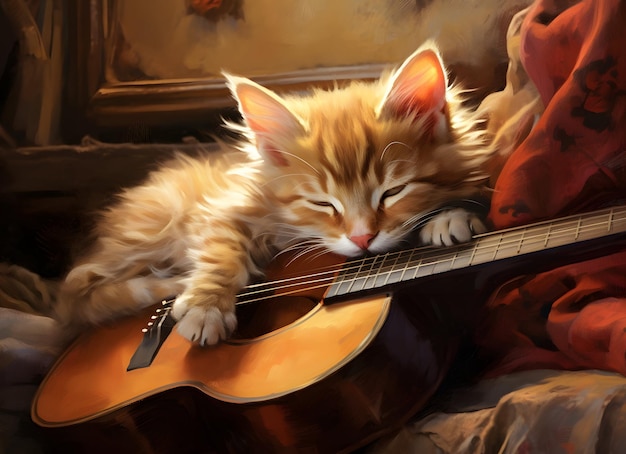 Kat met gitaar.