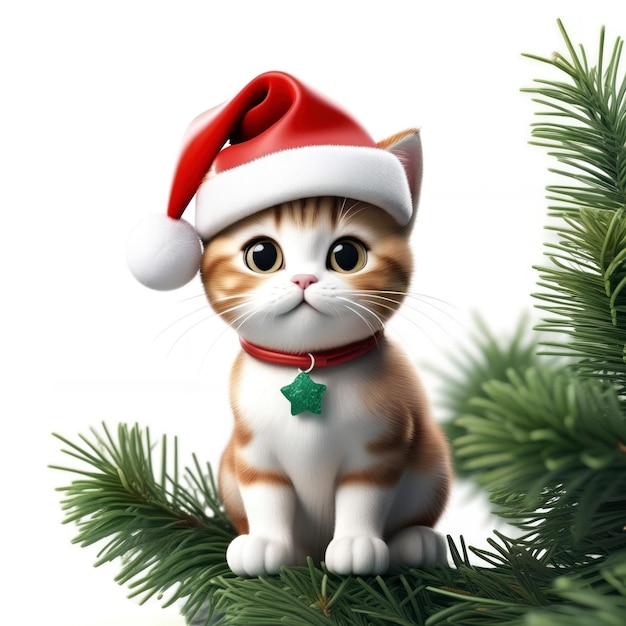 Kat Met Kerstmuts Zittend Tak Kerstboom