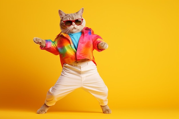 Kat met kleurrijke kleding en zonnebril die danst op de pastelachtergrond