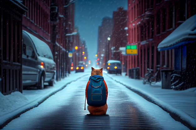 Kat met rugzak zittend op lege winter stadsweg 's nachts Generatieve AI