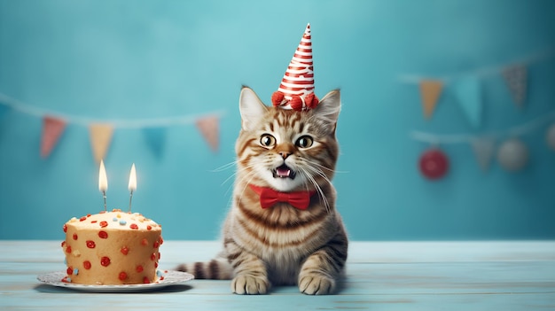 kat met verjaardagsmuts met verjaardagstaart met blauwe achtergrond