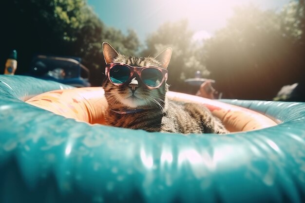 Kat met zonnebril rust op een opblaasmatras bij het zwembad vakantie in het resort vrije dag ontspannen