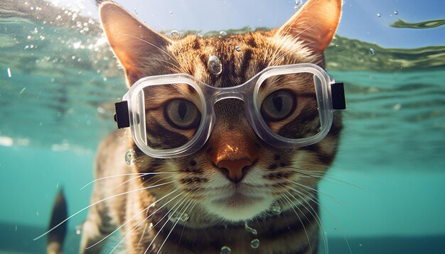 Foto kat onder water kat duiker in de zee met een bril