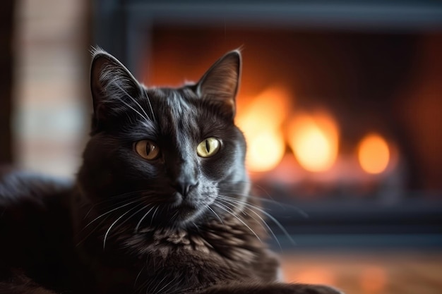 Kat Op De Achtergrond Van Onscherpe Open Haard Generatieve AI