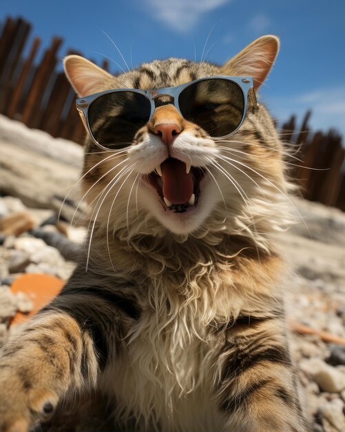 kat op het strand selfie zomer dragen zonnebril