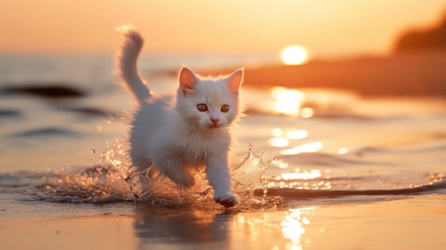kat op zee bij zonsondergangkitten zit in zeewater strand op zonsondergang