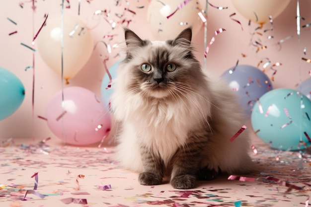 Kat's verjaardagsfeestje taart met kaarsen Ansichtkaart plaats voor tekst pastelkleuren afbeelding gegenereerd door AI