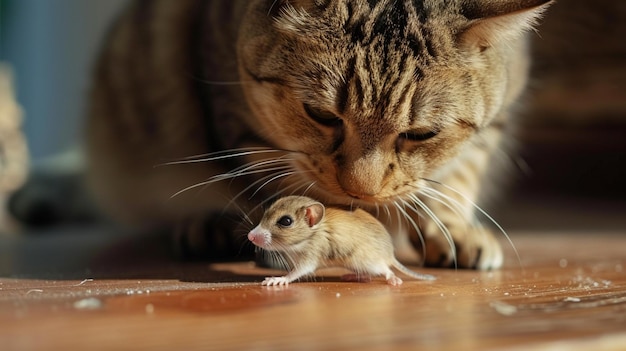 Kat speelt met kleine gerbilmuis op tafel Portret van dier AI Generative