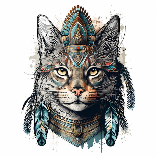 Foto kat totem dier draagt tribale indiase inheemse oorlog pet geïsoleerd op witte achtergrond wilde kitten draagt sierpatroon hoofddoek mythologie oud en spiritueel symbool