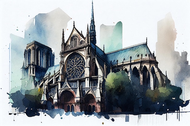 Kathedraal Notre Dame aquarel