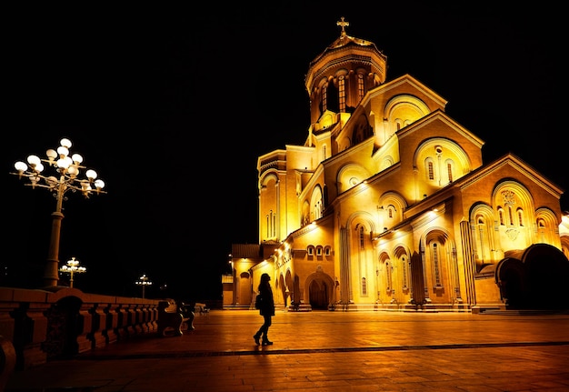 Kathedraal van de Heilige Drie-eenheid van Tbilisi 's nachts