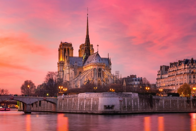 Kathedraal van Notre Dame de Paris bij zonsondergang, Frankrijk