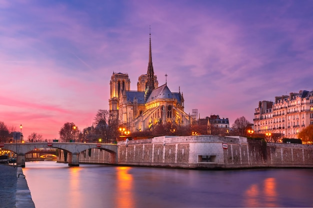 Kathedraal van Notre Dame de Paris bij zonsondergang Frankrijk