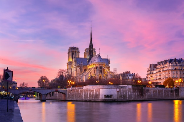 Kathedraal van Notre Dame de Paris bij zonsondergang Frankrijk