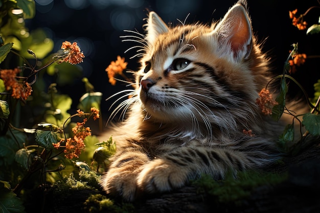 Katje in de tuin met bokehachtergrond Leuk Bengaals katje AI generatief