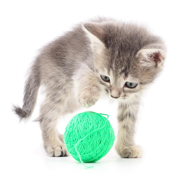 Katje met bal van garen geïsoleerd op een witte achtergrond