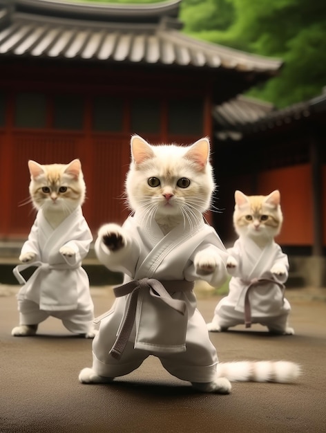 Kats in kimono die vechtkunsten beoefent voor een tempel