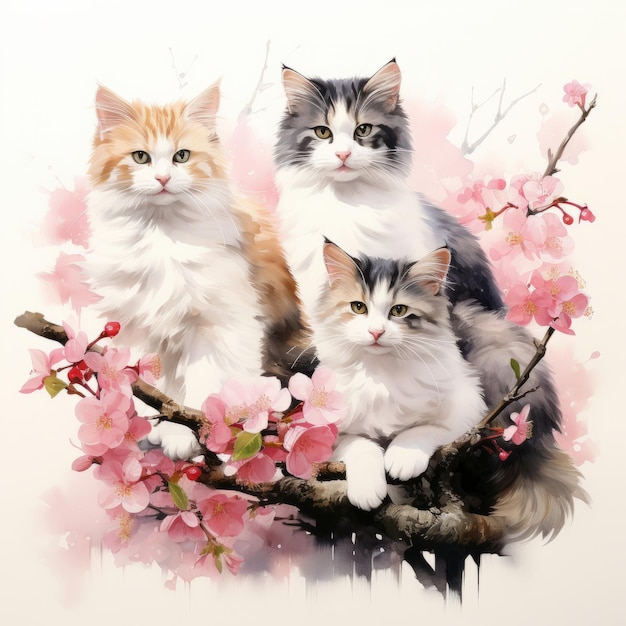 Katten die op een tak van kersenbloesems zitten